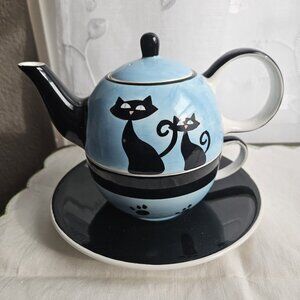 Hues N Brews Cats Blue Stackable Teapot Cup Saucer
